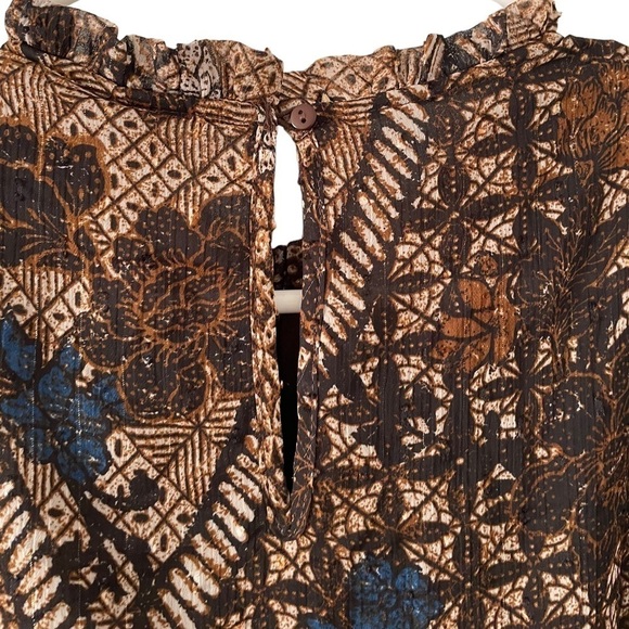 NWT Joie Brown Floral Smocked Wrist Mock Neck Blouse Small - Picture 7 of 8